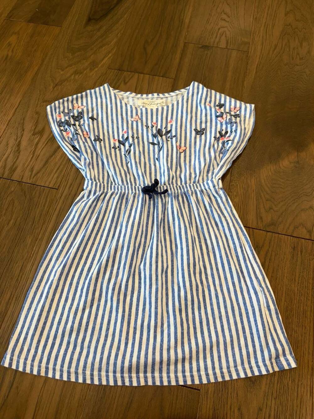 L.O.G.G. Girls Blue and White Striped Dress with Butterfly Floral Embroidery, Si